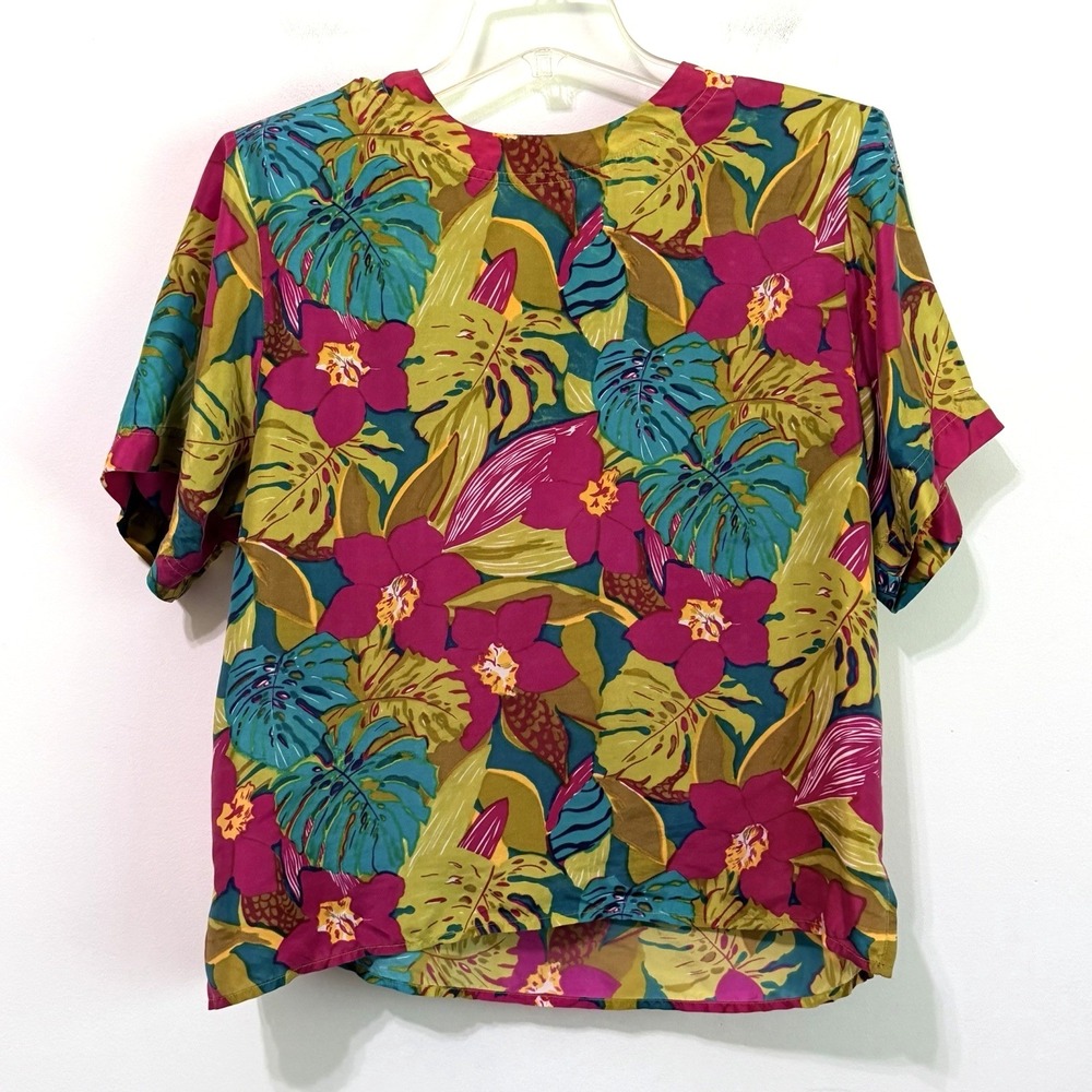 Jack Mulqueen Silk‎ Top Shirt L Tropical Short Sleeve Y2K Vintage Shoulder Pads